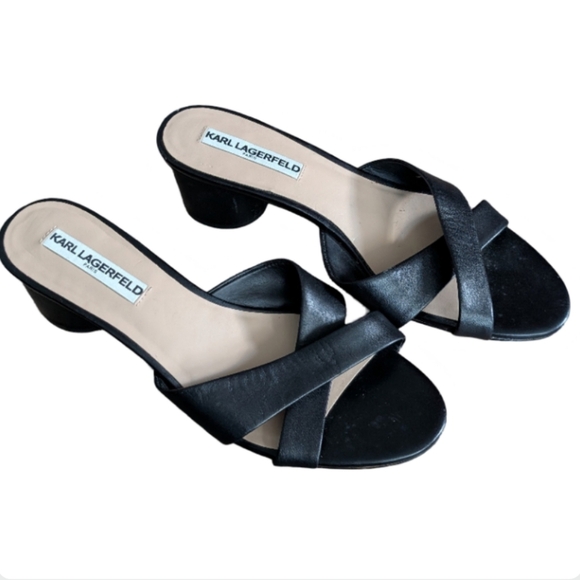 Karl Lagerfeld Fawn Leather Cross Strap Mule Sandals Size 10M Black EUC - Picture 3 of 9